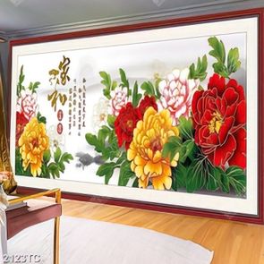 Tranh hoa mẫu đơn thư pháp đẹp