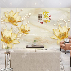 Tranh bông hoa sen thêu chỉ vàng trên nền vân đá in uv