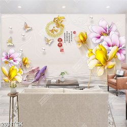 Tranh cá chép bên những bông hoa mộc lan trắng in 5d