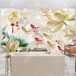 Tranh in tường đầm hoa sen giả ngọc và cá chép vàng