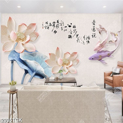 Tranh nghệ thuật hoa sen hồng và đàn cá chép giả ngọc