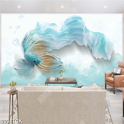 Tranh in canvas chú cá chép màu xanh vẫy đuôi xinh đẹp