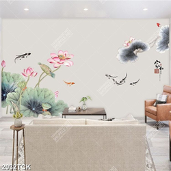 Tranh thủy mạc đầm hoa sen hồng và đàn cá chép in 3d