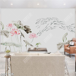 Tranh in uv thủy mạc đầm hoa sen và đàn cá chép vàng