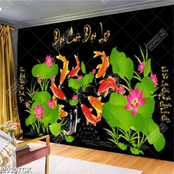 Tranh hồ hoa sen hồng và đàn cá chép vàng psd