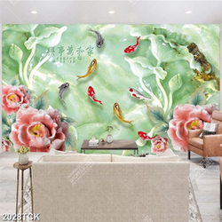 Tranh decor hoa sen và đàn cá chép vàng giả ngọc