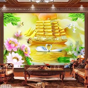Tranh thuyền vàng bên đôi thiên nga và hoa sen đẹp nhất