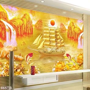 Tranh tài lộc thuyền và hoa cá chép trên sông vàng chất lượng cao