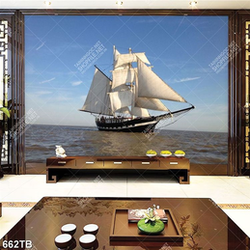 Tranh dán tường in uv chiếc thuyền trên mặt biển lặng