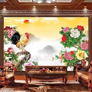 Tranh gà và hoa mẫu đơn