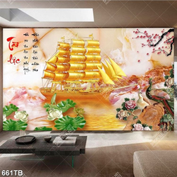 Tranh tài lộc thuyền vàng và hoa sen giả ngọc chất lượng cao