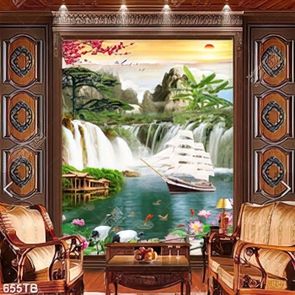 Tranh chiếc thuyền bên thác nước hùng vĩ file gốc