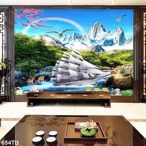 Tranh thuyền buồm bên suối đá và hoa sen chất lượng cao