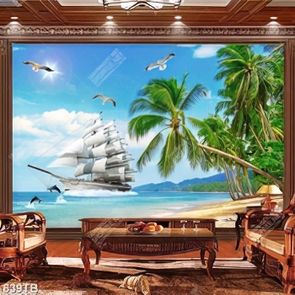 Tranh biển hàng dừa xanh và con thuyền in uv