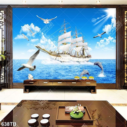 Tranh chim hải âu và đàn cá heo bên chiếc thuyền vượt sóng decor tường