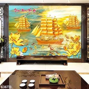 Tranh thuận buồm những chiếc thuyền vàng bên đàn cá chép file psd