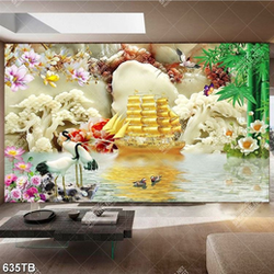 Tranh giả ngọc thuyền vàng và chim hạc bên dòng sông in kính