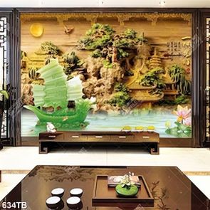 Tranh 3D giả ngọc thuyền rồng và cá chép in kính