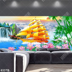 Tranh hoa sen và tre bên chiếc thuyền vàng trang trí phòng khách