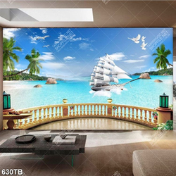 Tranh ban công trên biển đảo và con thuyền lớn