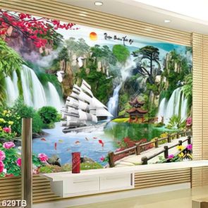 Tranh sơn thuỷ sông núi và chiếc thuyền in kính