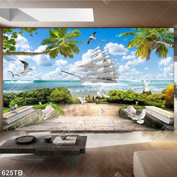 Tranh ban công hướng ra chiếc thuyền trên biển đẹp in uv