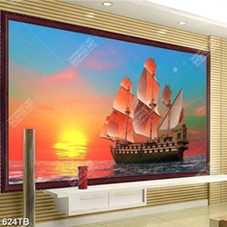 Tranh trang trí tường bình minh trên thuyền và biển chất lượng cao