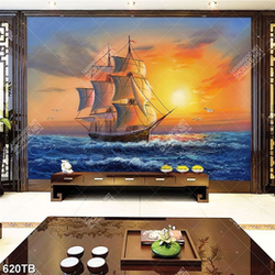 Tranh sơn dầu bình minh trên thuyền và biển decor tường