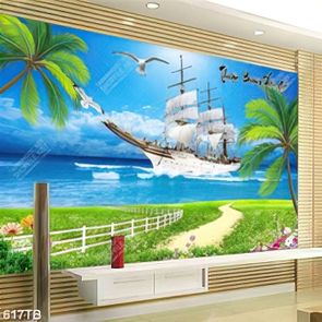Tranh phong cảnh biển thuyền buồm lướt sóng đẹp in kính