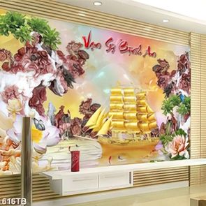 Tranh tài lộc thuyền vàng và hoa sen giả ngọc đẹp nhất