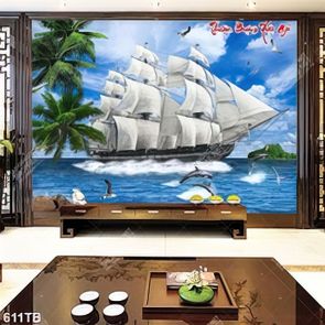 Tranh biển chim hải âu bay trên con thuyền lớn in uv