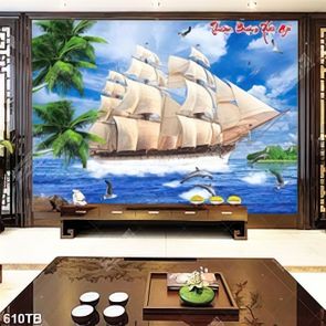 Tranh thuận buồm đàn cá heo bên con thuyền lớn in uv