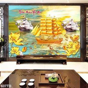Tranh tài lộc gắn tường thuyền vàng bên đàn cá chép và hoa sen chất lượng cao