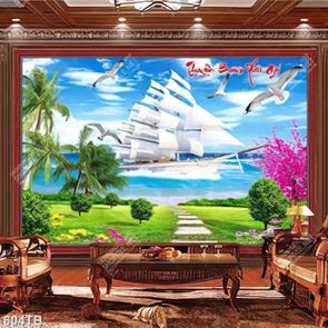 Tranh thuyền buồm xuôi gió thuyền buồm bên hàng dừa xanh đẹp nhất