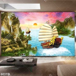 Tranh tài lộc thuyền rồng bên sông núi file psd