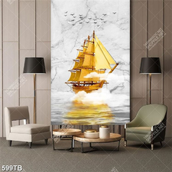Tranh ghép thuyền vàng trên hồ nước in kính