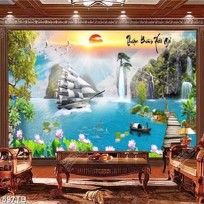 Tranh thuyền buồm và hoa sen bên núi rừng chất lượng cao