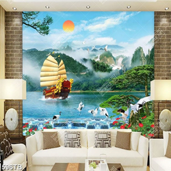Tranh thuyền rồng vượt thác nước bên đàn chim hạc đẹp nhất
