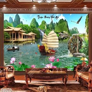 Tranh thuyền rồng bên ngôi nhà gỗ và hồ sen đẹp nhất