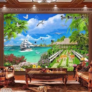 Tranh thiên nhiên giao hoà thuyền và biển bên vườn hoa Tranh thiên nhiên giao hoà thuyền và biển bên vườn hoa