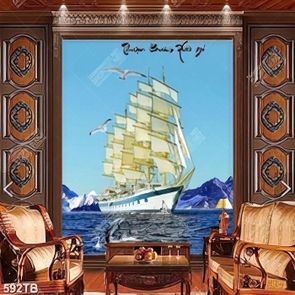 Tranh thuận buồm chiếc thuyền lớn trên biển đẹp nhất