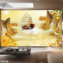 Tranh tài lộc thuyền rồng bên sông núi vàng file gốc
