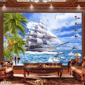 Tranh dán tường đàn cá heo và thuyền buồm trên biển in uv