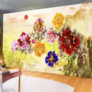 Tranh hoa mẫu đơn và chim Hạc nền phong thủy