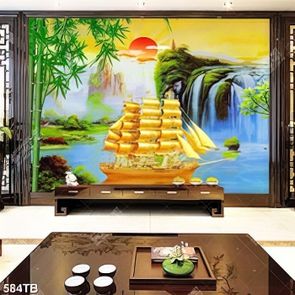 Tranh decor tường thuyền vàng bên thác nước đẹp nhất