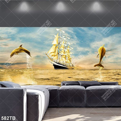 Tranh cá heo và thuyền bên biển vàng đẹp nghệ thuật
