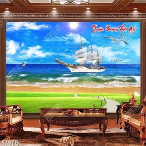 Tranh gắn tường thuận buồm xuôi gió chiếc thuyền bên biển đảo
