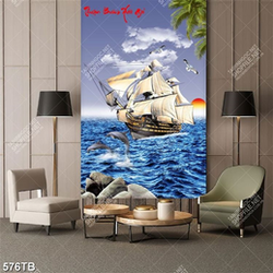 Tranh thuận buồm cá heo nảy trên mặt biển và chiếc thuyền file gốc