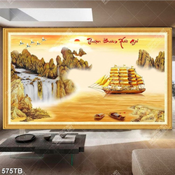 Tranh kim tiền decor phòng khách thuyền buồm trên dòng sông vàng