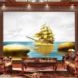 Tranh ghép decor tường thuyền vàng in uv